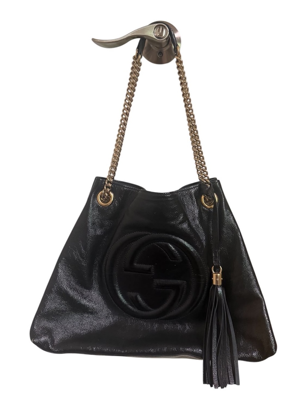 Gucci Soho Chain Tote Black Pebbled Leather Large GG Tassel Shoulder Bag